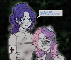 Size: 3000x2508 | Tagged: safe, artist:rawsugarmeat, imported from derpibooru, rarity, sweetie belle, human, alternate hairstyle, alternate universe, clothes, coat, crying, dirt, duo, duo female, eye scar, eyepatch, facial scar, female, humanized, lab coat, mlp infection, nail polish, older, older sweetie belle, red cross, sad, scar, siblings, sisters, sweater, virus