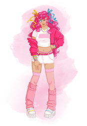 Size: 1640x2360 | Tagged: safe, artist:labrony12, imported from derpibooru, pinkie pie, human, :p, alternate hairstyle, belly button, belt, bracelet, clothes, female, hoodie, humanized, jewelry, leg warmers, midriff, one eye closed, shirt, shoes, shorts, sneakers, socks, solo, stockings, t-shirt, thigh highs, tongue out, wink