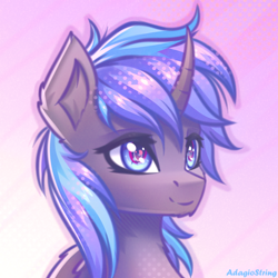 Size: 2000x2000 | Tagged: safe, artist:adagiostring, imported from derpibooru, oc, oc only, alicorn, abstract background, blue eyes, blue mane, bust, commission, cute, gray coat, headshot commission, looking forward, male, portrait, simple background, solo, stallion, stallion oc