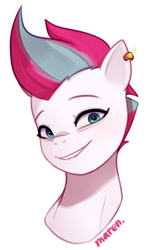 Size: 1475x2496 | Tagged: safe, artist:maren, imported from derpibooru, zipp storm, pegasus, pony, adorazipp, bust, cute, ear piercing, earring, female, g5, grin, jewelry, mare, piercing, simple background, smiling, solo, white background