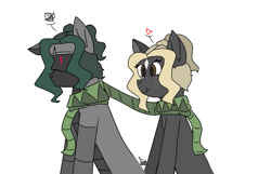 Size: 719x462 | Tagged: safe, artist:thomas.senko, imported from derpibooru, oc, oc:black betty, cyborg, cyclops, earth pony, pony, robot, robot pony, clothes, cute, dark skin, duo, duo male and female, female, female oc, gray, happy, male, mare, mare oc, red eyes, scarf, shared clothing, shared scarf, simple background, sitting, stallion, stallion oc, white background