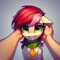 Size: 1024x1024 | Tagged: safe, imported from derpibooru, roseluck, human, pony, ai content, ai generated, behaving like a cat, collar, cute, generator:pony diffusion v6 xl, generator:stable diffusion, hand, offscreen character, offscreen human, pet tag, petting, pony pet, prompter:doom9454, rosepet