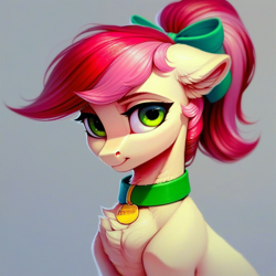 Size: 1024x1024 | Tagged: safe, imported from derpibooru, roseluck, pony, ai content, ai generated, bow, bust, collar, cute, fluffy, generator:pony diffusion v6 xl, generator:stable diffusion, hair bow, pet tag, pony pet, ponytail, portrait, prompter:doom9454, rosepet