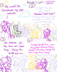 Size: 4779x6013 | Tagged: safe, artist:adorkabletwilightandfriends, imported from derpibooru, cloudchaser, fluttershy, thunderlane, twilight sparkle, oc, oc:serena, alicorn, comic:adorkable twilight and friends, adorkable, adorkable twilight, caught, comic, cute, dork, embarrassed, friendship, hiding, judging, nervous, outdoors, ponyville, restaurant, sitting, slice of life, smiling, sweat, table, twilight sparkle (alicorn)