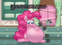 Size: 2242x1643 | Tagged: safe, artist:fancy_blue, imported from derpibooru, part of a set, pinkie pie, earth pony, pony, belly, belly bumps, big belly, dialogue, emanata, hoof imprints, huge belly, hyper, hyper belly, hyper pregnancy, impossibly large belly, kicking, kitchen, open mouth, open smile, preggy pie, pregnant, smiling, spreading, stretchmarks, sugarcube corner