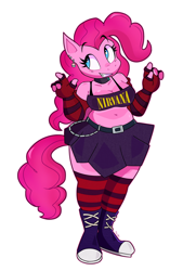 Size: 2536x3498 | Tagged: safe, artist:tysobro, imported from twibooru, pinkie pie, anthro, earth pony, plantigrade anthro, belly, belly button, belt, belt buckle, blue eyes, boots, chains, choker, chubby, clothes, collar, converse, curly hair, curly tail, ear piercing, eyebrows, eyelashes, female, fingerless gloves, gloves, goth, grin, halter top, image, long gloves, midriff, miniskirt, piercing, plump, png, punk, rock band, shoes, simple background, skirt, skull, smiling, snout, socks, solo, striped gloves, striped socks, tail, text, thigh highs, thigh socks, thighs, thunder thighs, white background, wide hips