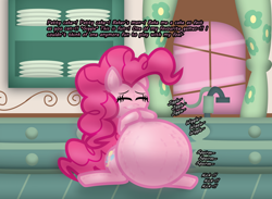 Size: 2242x1643 | Tagged: safe, alternate version, artist:fancy_blue, imported from derpibooru, part of a set, pinkie pie, earth pony, pony, belly, big belly, cute, dialogue, diapinkes, emanata, eyes closed, hooves together, huge belly, hyper, hyper belly, hyper pregnancy, impossibly large belly, kitchen, pattycakes, preggy pie, pregnant, smiling, spreading, sugarcube corner