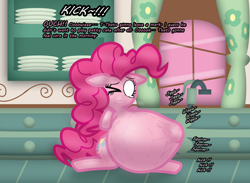 Size: 2242x1643 | Tagged: safe, alternate version, artist:fancy_blue, imported from derpibooru, part of a set, pinkie pie, earth pony, pony, belly, belly bumps, big belly, blank eyes, closed eye, crying, dialogue, emanata, gritted teeth, hoof imprints, huge belly, hyper, hyper belly, hyper pregnancy, impossibly large belly, kicking, kitchen, one eye closed, pain, preggy pie, pregnant, spreading, sugarcube corner, tears of pain, teary eyes, teeth