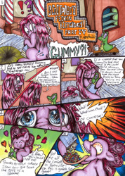 Size: 1024x1441 | Tagged: safe, artist:megaphonnic, imported from derpibooru, gummy, pinkie pie, alligator, earth pony, pony, comic:scootaloo's feckin birthday, amputee, bloodshot eyes, comic, eating, female, mare, traditional art