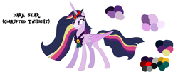 Size: 1466x590 | Tagged: safe, artist:westrail642fan, imported from derpibooru, twilight sparkle, alicorn, pony, rise and fall, the last problem, alicorn amulet, alternate universe, base used, bell, chest plate, corrupted twilight sparkle, crown, evil grin, flowing mane, grin, grogar's bell, jewelry, older, older twilight, older twilight sparkle (alicorn), princess twilight 2.0, reference sheet, regalia, simple background, smiling, solo, text, twilight sparkle (alicorn), white background