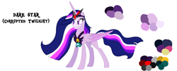 Size: 1466x590 | Tagged: safe, alternate version, artist:westrail642fan, imported from derpibooru, twilight sparkle, alicorn, pony, rise and fall, the last problem, alicorn amulet, alternate universe, base used, bell, chest plate, corrupted twilight sparkle, crown, evil grin, flowing mane, glowing, glowing eyes, glowing hair, grin, grogar's bell, jewelry, older, older twilight, older twilight sparkle (alicorn), princess twilight 2.0, reference sheet, regalia, simple background, smiling, solo, text, twilight sparkle (alicorn), white background