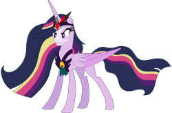 Size: 861x566 | Tagged: safe, artist:westrail642fan, imported from derpibooru, twilight sparkle, alicorn, pony, rise and fall, the last problem, alicorn amulet, alternate universe, base used, bell, chest plate, corrupted twilight sparkle, crown, evil grin, flowing mane, grin, grogar's bell, jewelry, older, older twilight, older twilight sparkle (alicorn), princess twilight 2.0, regalia, simple background, smiling, solo, transparent background, twilight sparkle (alicorn)