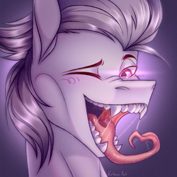 Size: 3000x3000 | Tagged: safe, artist:kreteen art, imported from derpibooru, oc, oc:nobrony, bat pony, blushing, fangs, mawshot, one eye closed, open mouth, simple background, wink