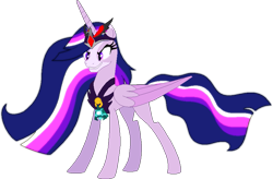 Size: 861x566 | Tagged: safe, artist:westrail642fan, imported from derpibooru, twilight sparkle, alicorn, pony, rise and fall, the last problem, alicorn amulet, alternate universe, base used, bell, chest plate, corrupted twilight sparkle, crown, evil grin, flowing mane, glowing, glowing eyes, glowing hair, grin, grogar's bell, jewelry, older, older twilight, older twilight sparkle (alicorn), princess twilight 2.0, regalia, simple background, smiling, solo, transparent background, twilight sparkle (alicorn)