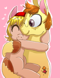 Size: 500x656 | Tagged: safe, artist:frostedminispooner, imported from derpibooru, oc, oc:nursery rhyme, oc:poké, pony, ask nursery rhyme, female, filly, foal, glasses, hug, male, stallion