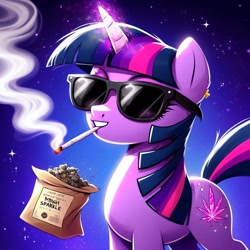 Size: 1024x1024 | Tagged: prompter needed, safe, imported from derpibooru, twilight sparkle, pony, unicorn, ai content, ai generated, drugs, generator:dall-e 3, joint, marijuana, smoking, solo, sunglasses, unicorn twilight