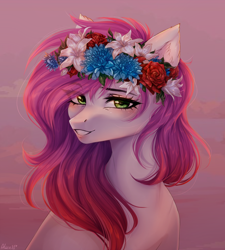 Size: 1800x2000 | Tagged: safe, artist:alicesmitt31, imported from derpibooru, oc, oc only, oc:ellie berryheart, pegasus, pony, abstract background, beautiful, bust, flower, green eyes, portrait, rose, sensual, smiling