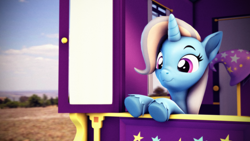 Size: 3840x2160 | Tagged: safe, artist:psfmer, imported from derpibooru, trixie, pony, unicorn, 3d, :3, clothes, cute, diatrixes, female, hat, high res, horn, mare, solo, source filmmaker, trixie's hat, trixie's wagon, unshorn fetlocks, wagon