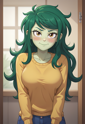 Size: 3328x4864 | Tagged: safe, imported from derpibooru, wallflower blush, human, equestria girls, adorasexy, ai content, ai generated, blushing, breasts, clothes, cute, denim, embarrassed, female, freckles, generator:pony diffusion v6 xl, generator:purplesmart.ai, generator:stable diffusion, jeans, pants, prompter:lerkyboy, seductive look, sexy, solo, solo female, sweater