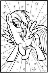 Size: 2074x3096 | Tagged: safe, imported from derpibooru, rainbow dash, pegasus, pony, abstract background, coloring book, coloring page, crayola, female, grin, lidded eyes, mare, official, raised hoof, smiling, solo, spread wings, stars, wings