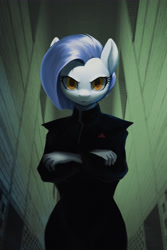 Size: 3200x4800 | Tagged: safe, artist:darkdoomer, oc, oc only, oc:lorelei kernav, anthro, architecture, brutalism, clothes, dictator, digital art, female, looking at you, mare, solo, staring into your soul, suit