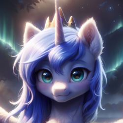 Size: 1280x1280 | Tagged: safe, alternate version, artist:adorablebluefox, derpibooru exclusive, imported from derpibooru, princess luna, alicorn, pony, ai assisted, ai content, aurora borealis, beautiful, chest fluff, close-up, cute, detailed, detailed background, ear fluff, female, fluffy, horn, jewelry, looking at you, lunabetes, mare, nature, night, outdoors, pretty, sky, smiling, solo, stars, tiara, tree