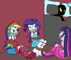 Size: 1083x907 | Tagged: safe, artist:bugssonicx, imported from derpibooru, rainbow dash, rarity, twilight sparkle, human, equestria girls, arm behind back, bondage, bound and gagged, car, fall formal outfits, gag, kidnapped, rope, rope bondage, silhouette, tape, tape gag, van
