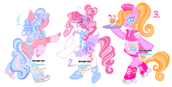 Size: 2048x1038 | Tagged: safe, artist:eyerealm, artist:junglicious64, imported from derpibooru, oc, oc only, unnamed oc, earth pony, pony, adoptable, apron, arm warmers, ballerina, ballet slippers, bipedal, blue eyelashes, blue eyes, blue mane, blue tail, blush sticker, blushing, clothes, colored eyelashes, colored pupils, curly mane, curly tail, diner uniform, dress, drink, earth pony oc, eyelashes, eyeshadow, female, for sale, glass, hair bun, hat, headpiece, heart, heart eyes, hoof hold, ice skates, juice, leg warmers, licking, licking lips, lidded eyes, long mane, long tail, looking back, makeup, mare, multicolored mane, multicolored tail, neck bow, open mouth, open smile, orange mane, orange tail, pink coat, pink eyelashes, pink mane, pink tail, plate, platter, ponytail, purple eyes, rearing, roller skates, simple background, skates, skirt, smiling, starry eyes, straw, tail, text, tied mane, tongue out, trio, trio female, tutu, two toned mane, two toned tail, waitress, watermark, white background, white coat, wingding eyes