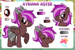 Size: 4000x2661 | Tagged: safe, artist:jennieoo, imported from derpibooru, oc, oc only, oc:ayriana aster, pegasus, :p, bow, clothes, one eye closed, pegasus oc, raised hoof, reference sheet, skirt, smiling, smirk, solo, tongue out, wings, wink