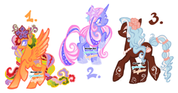 Size: 2048x1077 | Tagged: safe, artist:eyerealm, artist:junglicious64, imported from derpibooru, oc, oc only, unnamed oc, earth pony, pegasus, pony, unicorn, adoptable, bead necklace, blush sticker, blushing, braid, braided ponytail, braided tail, brown coat, brown eyelashes, brown eyes, colored eyelashes, colored wings, colored wingtips, curly mane, curly tail, earth pony oc, ethereal mane, ethereal tail, eye clipping through hair, eyeshadow, female, filigree, flower, flower in hair, for sale, gradient legs, gradient mane, gradient tail, gradient wings, headpiece, hoof shoes, horn, jewelry, lavender eyes, leg markings, lidded eyes, long mane, long tail, looking at you, looking back, looking up, makeup, mare, multicolored mane, multicolored tail, necklace, orange coat, pegasus oc, pink mane, pink tail, ponytail, princess shoes, profile, purple coat, purple eyelashes, purple eyes, raised hoof, signature, simple background, smiling, sparkly mane, sparkly tail, spread wings, standing, starry eyes, tail, tail beads, text, thick eyelashes, tied mane, tied tail, trio, trio female, two toned mane, two toned tail, two toned wings, unicorn horn, unicorn oc, watermark, wavy mane, wavy tail, white background, wingding eyes, wings