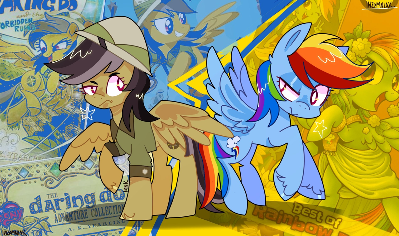 6936449 - safe, artist:inzomniak, imported from derpibooru, daring do, rainbow  dash, pegasus, pony, :>, backwards cutie mark, concave belly, duo, duo  female, female, frown, hat, lidded eyes, looking at each other, looking