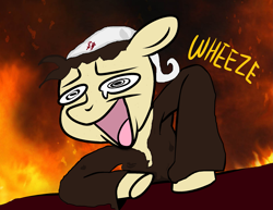 Size: 2273x1756 | Tagged: safe, artist:atomgatherer, edit, edited edit, editor:atomgatherer, imported from derpibooru, oc, oc:atom gatherer, base used, caption, clothes, dying inside, fire, freckles, hat, hoodie, image macro, laughing, laughing away madness, meme, mental breakdown, open mouth, oversized clothes, purgatory, shitposting, small hat, solo, text, there was an attempt, wheeze