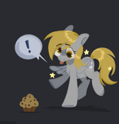 Size: 1200x1256 | Tagged: safe, artist:inzomniak, imported from derpibooru, derpy hooves, pegasus, pony, :p, cute, derpabetes, exclamation point, eye clipping through hair, eyebrows, eyebrows visible through hair, female, food, gray background, mare, muffin, signature, simple background, solo, standing on two hooves, stars, tongue out