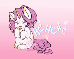 Size: 1280x1024 | Tagged: safe, artist:ghostyglue, imported from derpibooru, oc, pony, unicorn, colored hooves, commission, ear fluff, female, gold hooves, hooves, horn, laughing, mare, open mouth, pink hair, simple background, solo, text, unshorn fetlocks, ych result