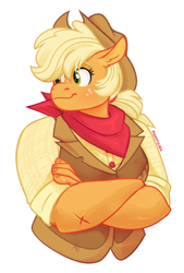 Size: 889x1313 | Tagged: safe, artist:pigeorgien, imported from derpibooru, applejack, anthro, earth pony, applejack's hat, bandana, clothes, cowboy hat, crossed arms, female, hat, mare, shirt, solo, vest