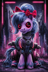 Size: 768x1152 | Tagged: safe, imported from derpibooru, oc, oc only, oc:cosmia nebula, cyborg, ai content, ai generated, creepy, frankenpony, generator:ideogram 1.0, poster, prompt in description, prompter:kopaleo, solo