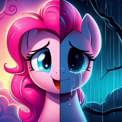 Size: 1024x1024 | Tagged: safe, imported from derpibooru, pinkie pie, ai content, ai generated, crying, generator:dall-e 3, happy, prompter:doomguy397, rain, sad, smiling, solo focus, storm