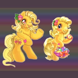 Size: 900x900 | Tagged: safe, artist:larvaecandy, imported from derpibooru, butterscotch (g3), fluttershy, earth pony, pony, basket, bipedal, blonde mane, blonde tail, blushing, butterscotch, chest fluff, curly mane, curly tail, duo, duo female, easter, easter egg, egg, female, flower, flower in hair, g3, heart, heart eyes, heart mark, holiday, hoof hold, long mane, long tail, looking at you, mare, open mouth, open smile, patterned background, rule 63, self paradox, self ponidox, smiling, smiling at you, standing on two hooves, tail, wingding eyes, yellow coat, yellow eyes, yellow mane, yellow tail