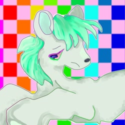 Size: 900x900 | Tagged: safe, artist:larvaecandy, imported from derpibooru, oc, oc only, unnamed oc, earth pony, pony, ambiguous gender, colored eyelashes, colored pinnae, colored sclera, frown, green mane, lidded eyes, lying down, mint mane, pink sclera, profile, prone, purple eyes, white coat, wingding eyes