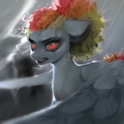 Size: 1440x1440 | Tagged: safe, artist:505p0ni, imported from derpibooru, rainbow dash, pegasus, pony, alternate hairstyle, eye scar, facial scar, female, lightning, looking at you, mare, open mouth, rain, scar, solo, spread wings, wings