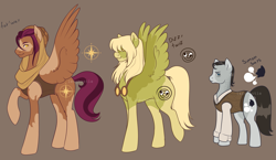 Size: 2627x1524 | Tagged: safe, artist:lesghostie, imported from derpibooru, oc, oc only, oc:dizzy twist, oc:far'way, oc:simon says, earth pony, pegasus, pony, brown background, coat markings, crack ship offspring, goggles, goggles around neck, magical gay spawn, male, offspring, parent:daring do, parent:derpy hooves, parent:hoo'far, parent:quibble pants, parent:sans smirk, parent:zephyr breeze, parents:dar'far, parents:derpybreeze, parents:quibblesmirk, raised hoof, simple background, socks (coat markings), spread wings, stallion, trio, wings