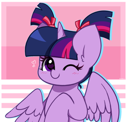 Size: 3964x3766 | Tagged: safe, artist:kittyrosie, imported from derpibooru, twilight sparkle, alicorn, blushing, cute, female, high res, horn, looking at you, mare, one eye closed, pigtails, signature, solo, twiabetes, twilight sparkle (alicorn), twintails, wings, wink, winking at you