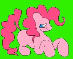 Size: 320x258 | Tagged: safe, artist:larvaecandy, imported from derpibooru, pinkie pie, earth pony, pony, blue eyes, curly mane, curly tail, eyestrain warning, female, green background, jumping, lidded eyes, mare, missing cutie mark, ms paint, pink coat, pink mane, pink tail, profile, saturated, simple background, smiling, solo, tail, wingding eyes