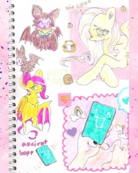 Size: 640x801 | Tagged: safe, artist:larvaecandy, imported from derpibooru, fluttershy, bat, pegasus, pony, colored eyebrows, colored pencil drawing, colored pinnae, colored pupils, colored sclera, crying, female, frown, green eyes, group, heart ears, leg fluff, lidded eyes, long legs, long mane, lying down, mare, marker drawing, passepartout, pink mane, purple sclera, race swap, sad, sketch, sketch dump, spread wings, teal eyes, thin legs, traditional art, wingding eyes, wings