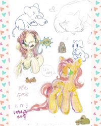 Size: 640x801 | Tagged: safe, artist:larvaecandy, imported from derpibooru, fluttershy, cat, elephant, pegasus, pony, alternate eye color, colored pencil drawing, colored sketch, desaturated, dialogue, duality, female, folded wings, green eyes, long mane, long tail, mare, marker drawing, pink mane, pink tail, profile, raised hooves, self paradox, self ponidox, sketch, sketch dump, speech bubble, standing, tail, text, traditional art, wavy mane, wavy tail, wingding eyes, wings, wings down, yellow coat