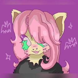 Size: 1440x1440 | Tagged: safe, artist:larvaecandy, imported from derpibooru, fluttershy, anthro, pony, :3, alternate eye color, big ears, black shirt, blush scribble, blushing, bust, clothes, colored pinnae, ear fluff, eye clipping through hair, eyelashes, eyeshadow, female, green eyes, lidded eyes, looking away, makeup, mare, ms paint, neck fluff, open mouth, open smile, portrait, purple background, shirt, simple background, smiling, solo, sparkles, wingding eyes