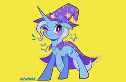 Size: 1864x1225 | Tagged: safe, artist:inzomniak, imported from derpibooru, trixie, pony, unicorn, blushing, brooch, cape, clothes, emanata, female, floppy ears, hat, horn, jewelry, looking at you, mare, one eye closed, raised hoof, signature, simple background, smiling, smiling at you, solo, stars, trixie's brooch, trixie's cape, trixie's hat, white pupils, wink, winking at you, yellow background