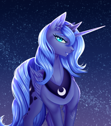 Size: 2628x3000 | Tagged: safe, artist:minelvi, imported from derpibooru, princess luna, alicorn, pony, blue background, blue eyes, blue mane, chest fluff, concave belly, crown, curved horn, cute, digital art, ear fluff, ethereal mane, eyelashes, eyeshadow, feather, female, flowing mane, folded wings, glowing, happy, high res, horn, jewelry, lidded eyes, looking at you, makeup, mare, moon, moonlight, night, peytral, redraw, regalia, s1 luna, signature, simple background, smiling, smiling at you, solo, sparkles, spread wings, starry mane, starry night, stars, teeth, wings