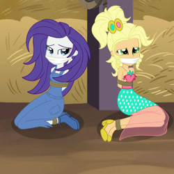 Size: 2000x2000 | Tagged: safe, artist:nie-martw-sie-o-mnie, imported from derpibooru, applejack, rarity, equestria girls, simple ways, applejewel, barn, bondage, boots, bound and gagged, cloth gag, clothes, dress, gag, gown, high heels, overalls, rarihick, rope, rope bondage, shoes, tied up