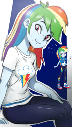 Size: 1080x1920 | Tagged: safe, artist:maxtoon24, imported from derpibooru, rainbow dash, human, equestria girls, equestria girls series, female, looking at you, outline, reference, smiling, smiling at you, solo, sweat, white outline